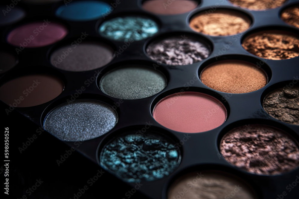 Closeup shot of eyeshadow, cosmetics, makeup. Professional eyeshadow palette macro shot. Ai generative Closeup shot of eyeshadow, cosmetics, makeup. Professional eyeshadow palette macro shot. Ai generative