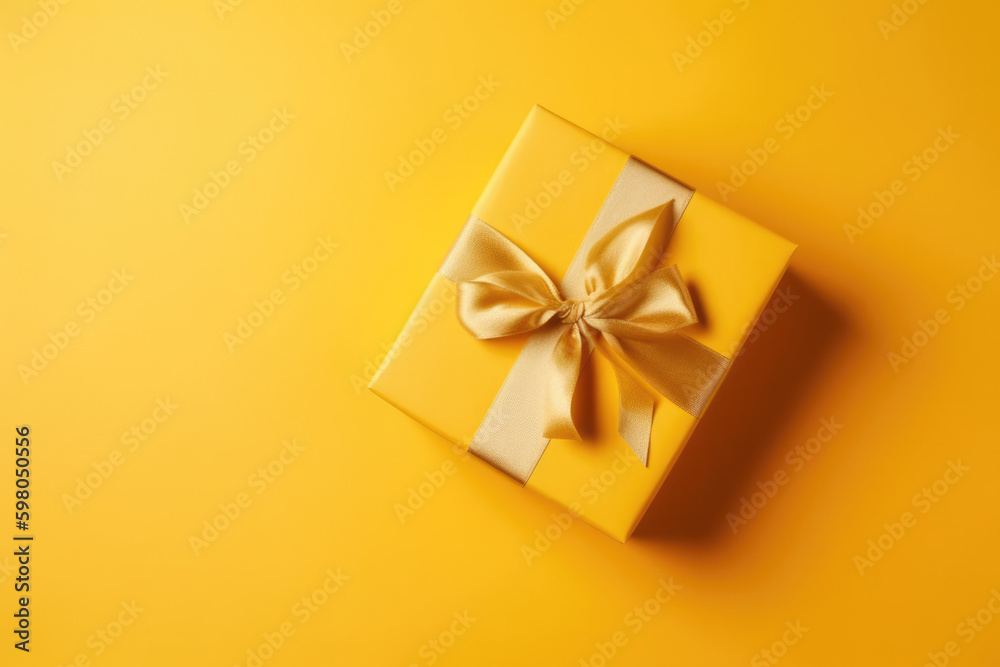 Gift box with golden satin ribbon and bow on yellow background. Gift box with golden satin ribbon and bow on yellow background.