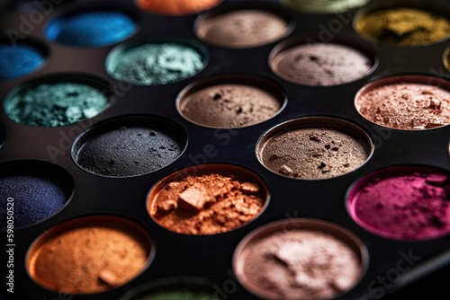 Closeup shot of eyeshadow, cosmetics, makeup. Professional eyeshadow palette macro shot. Ai generative