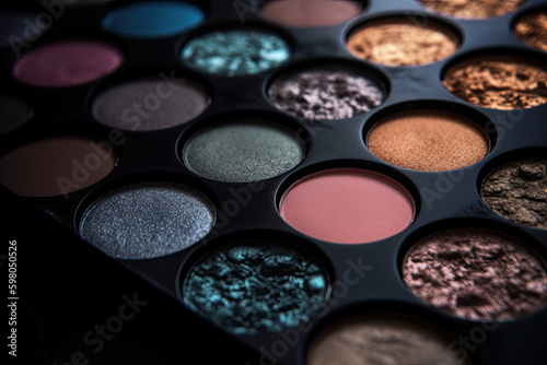 Closeup shot of eyeshadow, cosmetics, makeup. Professional eyeshadow palette macro shot. Ai generative