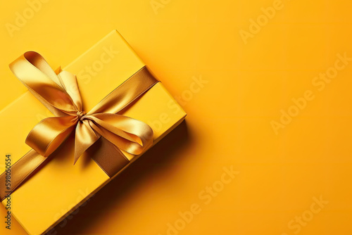 Gift box with golden satin ribbon and bow on yellow background. 