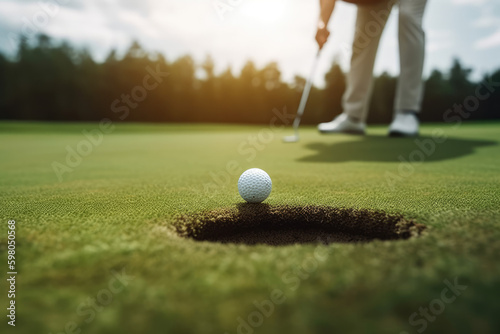 Golf player putting golf ball into hole, AI generative