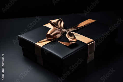 Dark gift box with satin ribbon and bow on black background. Ai generative