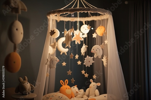 Handmade felt toys above the newborn crib with light garland in the night. Baby crib mobile, first baby eco-friendly toys, AI generative