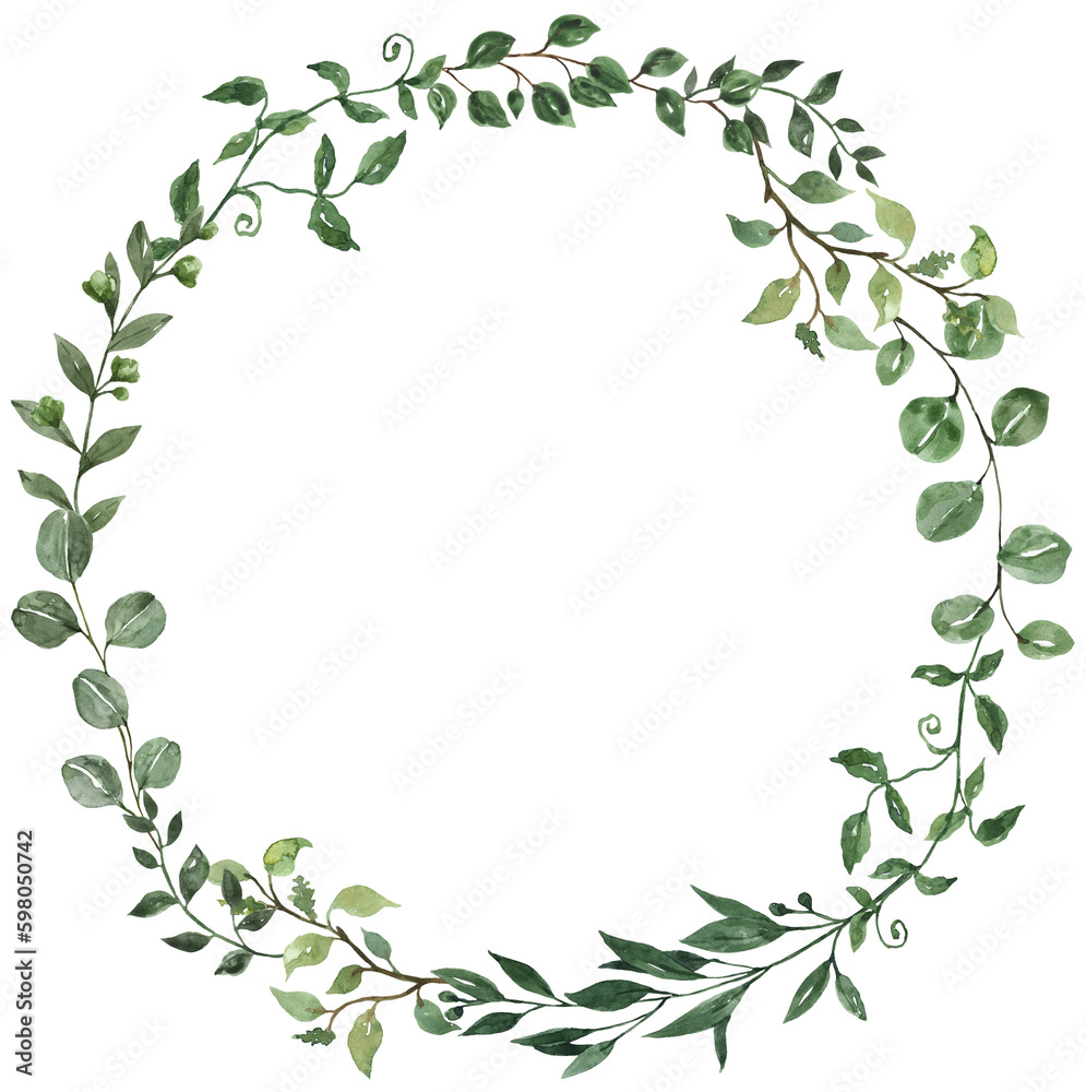 Floral wreath made of green leaves, greenery vine, and eucalyptus foliage. Watercolor botanical wreath. Hand-painted illustration. PNG clipart.