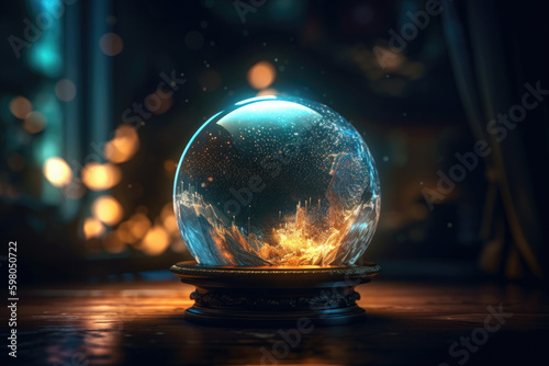 Magical crystal ball or fortune teller with mysterious glow inside on sparkling dark background, created with Generative AI