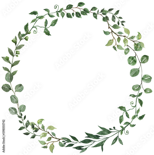 Floral wreath made of green leaves, greenery vine, and eucalyptus foliage. Watercolor botanical wreath. Hand-painted illustration. PNG clipart.
