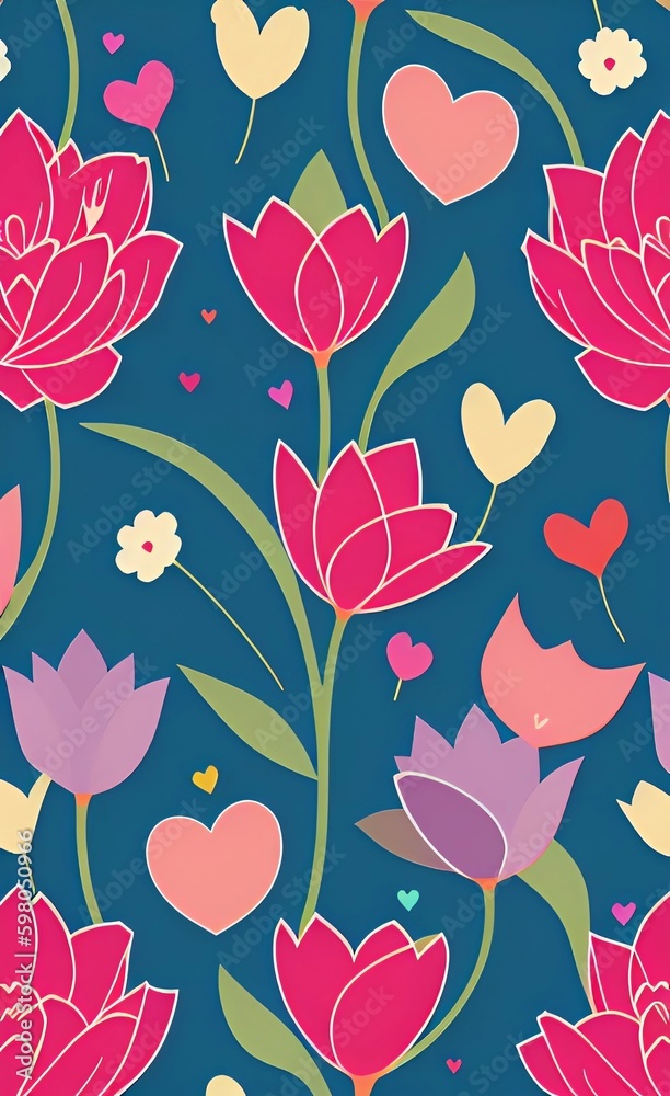 Mother's Day - flowers and hearts beautiful design pattern. AI generative art