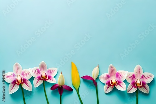Top view of orchid flowers on pastel blue background with copy space