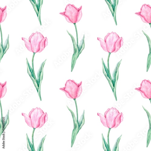 Seamless pattern with pink tulips on a green stem with leaves on a white background. Watercolor hand-painted spring background. Design for fabric  wrapping paper  cover art.