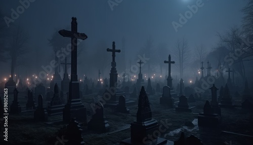 A graveyard full of christian catholic cross ai, ai generative, illustration