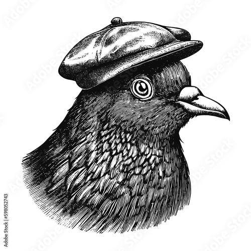 pigeon wearing a cap vintage sketch