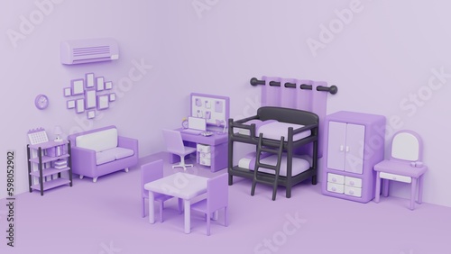 Interior of bedroom in purple color with furnitures and room accessories. for presentation ,web page or picture frame and poster background. 3d render cartoon with copy space.