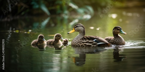 A family of ducks swimming together in a pond, concept of Social behavior, created with Generative AI technology Generative AI