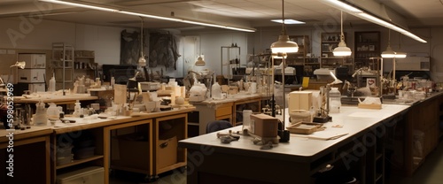 A detailed image of a laboratory, with scientific instruments and equipment visible on the workbenches and tables, concept of Experimental procedures, created with Generative AI Generative AI