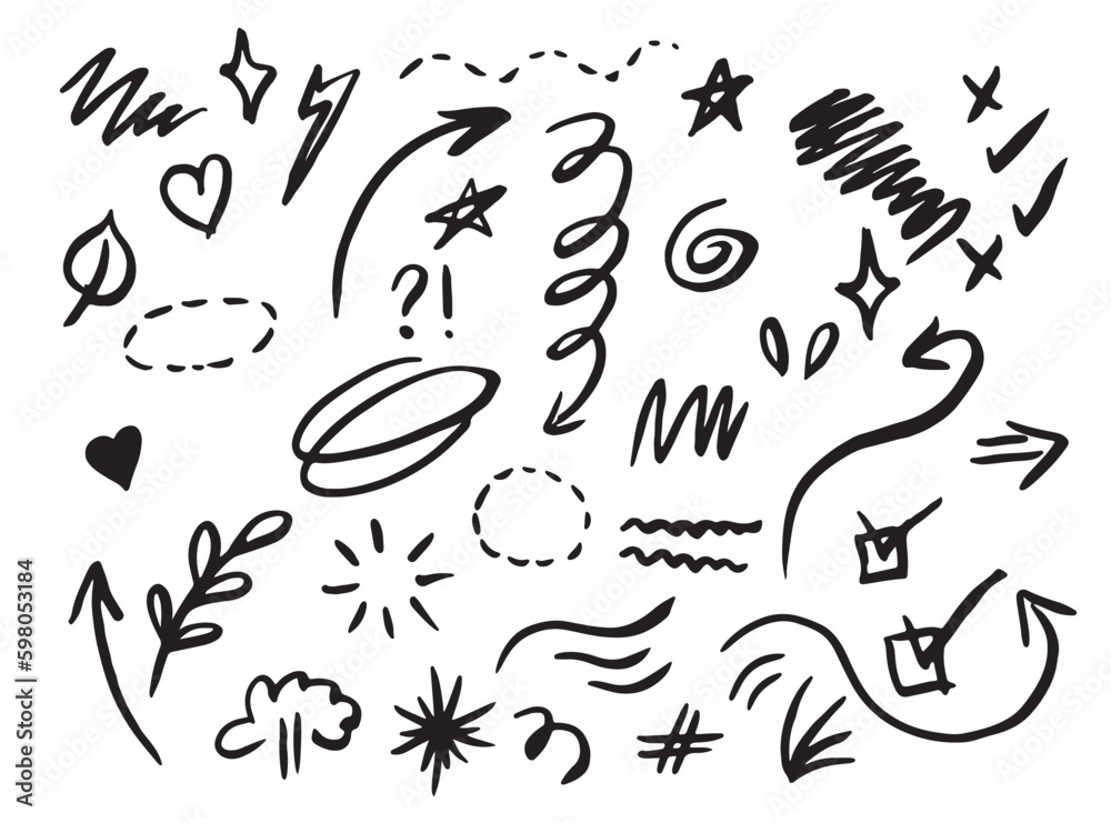 Fototapeta premium Vector set of different stars, sparkles, arrows, hearts, signs and symbols. Hand drawn, doodle elements isolated on white background