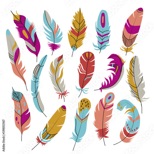 Set of colored feathers for decor isolated on white background.Variety of colorful feathers flat items set. Bird feather and decoration concept