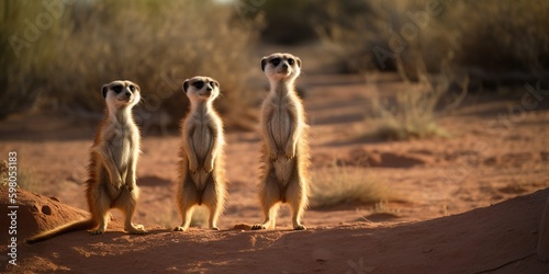 Photo A family of meerkats standing on their hind legs, looking out for predators, con