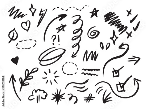 Vector set of different stars, sparkles, arrows, hearts, signs and symbols. Hand drawn, doodle elements isolated on white background