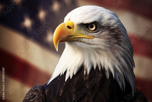 Majestic American Bald Eagle Soaring Through the US Flag-filled Sky: Generative AI