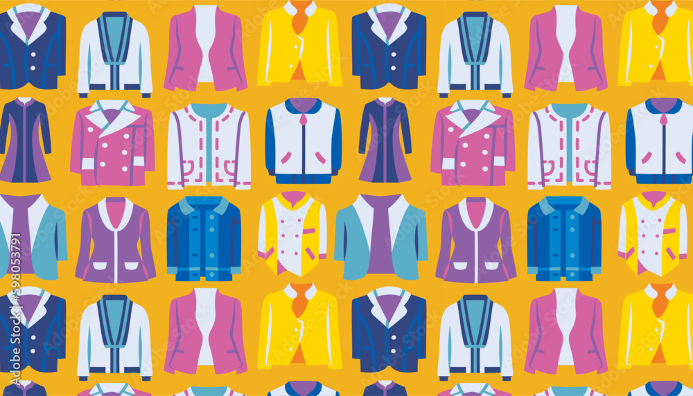 A pattern of different jackets on a yellow background. A pattern of different jackets on a yellow background.