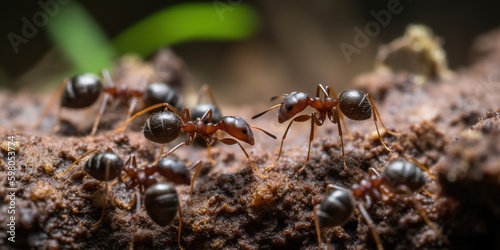 A colony of ants carrying food back to their underground nest, concept of Social Hierarchy, created with Generative AI technology Generative AI
