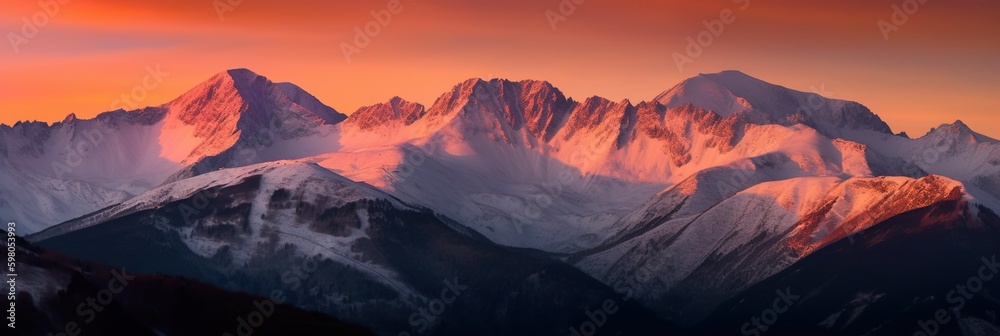 A captivating mountain range with snow-capped peaks reflecting the glow of a rising sun, concept of Natural beauty, created with Generative AI technology Generative AI