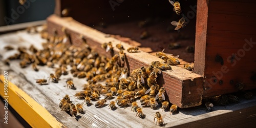 Fényképezés A colony of bees buzzing around their hive collecting nectar, concept of Pollina