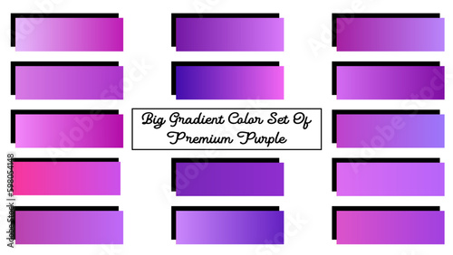 Vector set of purple metallic gradients, swatches collection, shiny gradient set on black background, metal texture