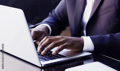 businessman typing on computer keyboard in bright office closeup. office and hands. AI generation. 