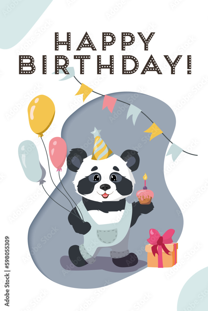 Happy birthday card with a funny panda. Kid postcard, poster, cover, greeting card.