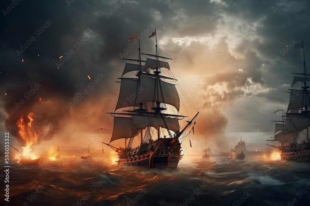 Fototapeta premium Naval battle on masted ships of the 18th century, battle scene in a storm, Generated by Ai