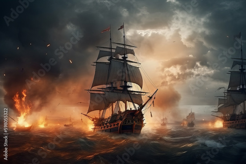 Naval battle on masted ships of the 18th century, battle scene in a storm, Generated by Ai
