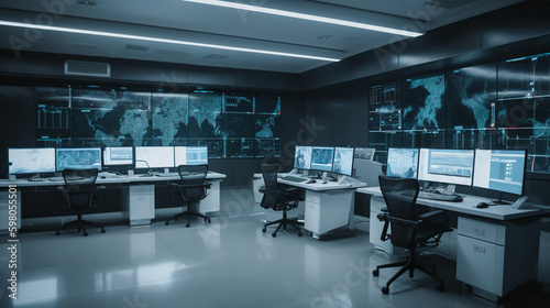 An empty situation center, the interior of a large modern security control room, a workplace with multiple displays, a monitoring room with an empty office in the security data center, Generated by Ai