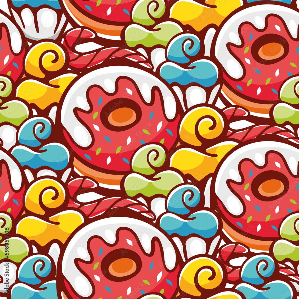 Vector pattern of donuts and cakes in cartoon style.