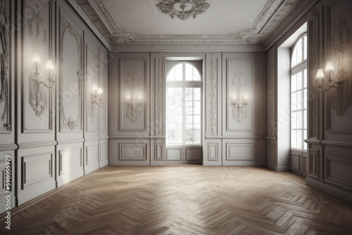 Empty Room with Intricate Decorative Panels and Wood Flooring