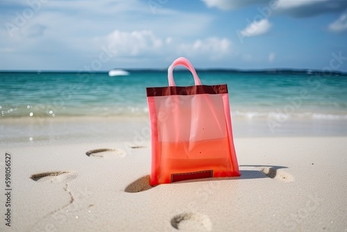 vibrant red bag resting on a sandy beach under the sun. Generative AI Generative AI