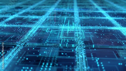 Big data environment with innovative circuit board and huge amount chips and processors. Network connections inside architecture of the neural engine cpu. Transferring and data processing technology.