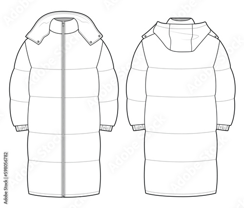 Long puffer jacket front zip up with turtle neck, detachable hood, sleeve elastic, front and back view flat sketch vector file