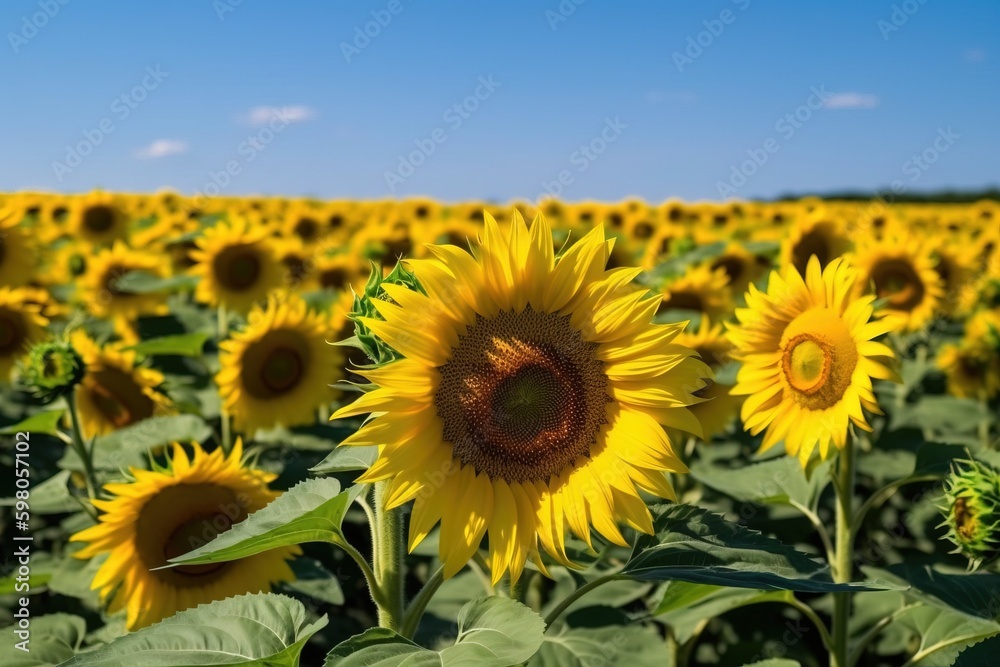 A sunflower field with a blue sky in the background A sunflower field with a blue sky in the background