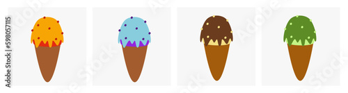 set of ice cream with various flavors in cone. summer or food and beverage design theme. tropical fruit, bubble gum, chocolate, and green tea flavor ice cream clip arts.