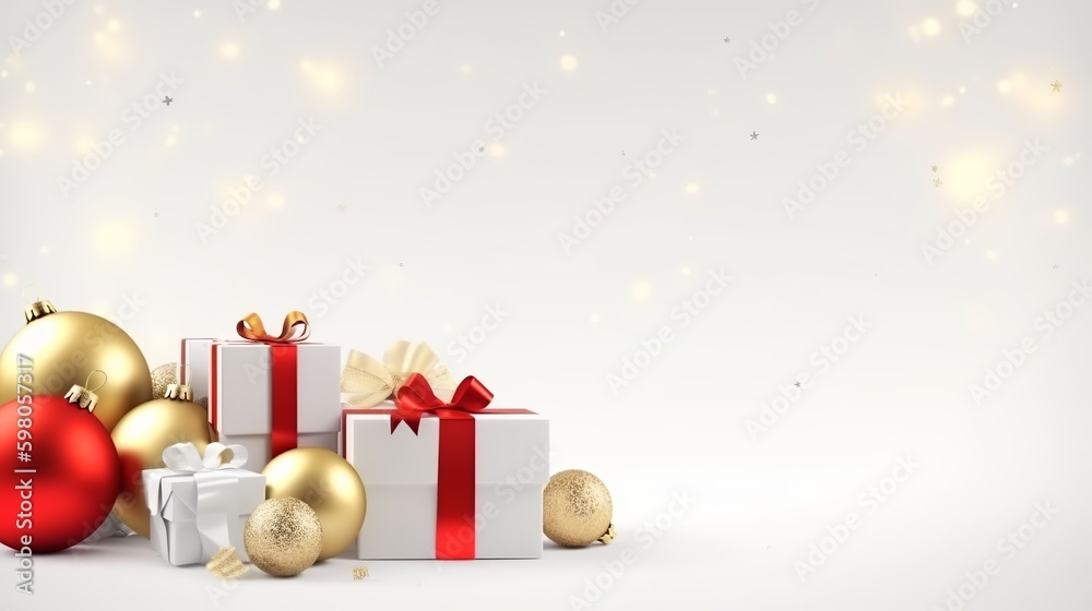 Merry Christmas and Happy New Year. Background with realistic festive gifts box, Generative Ai