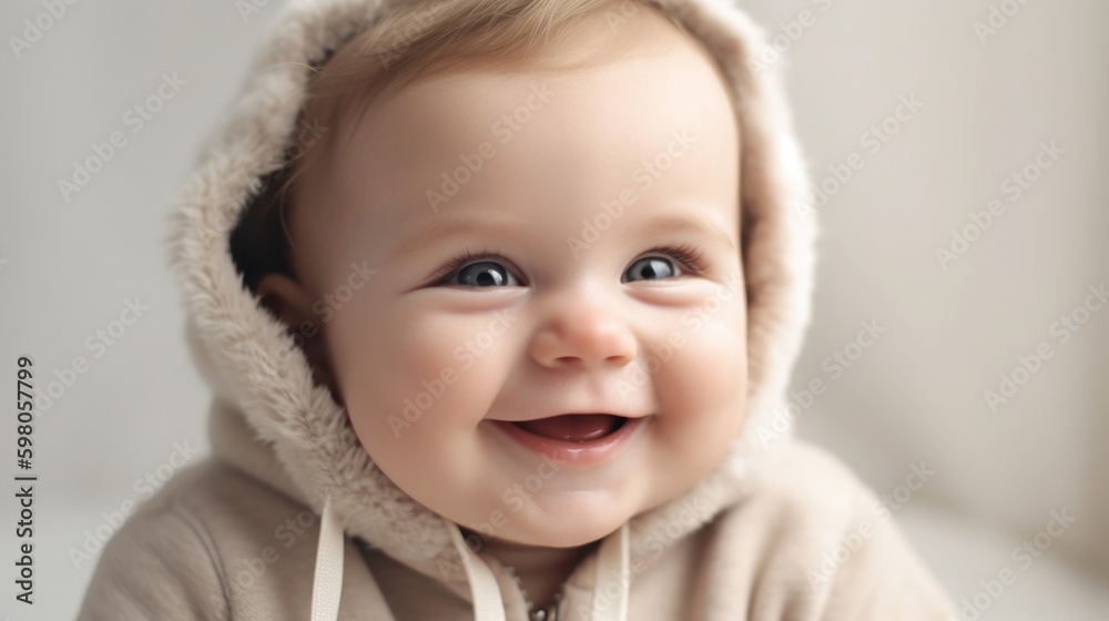 Beautiful baby smilling in light background. Generative AI Beautiful baby smilling in light background. Generative AI