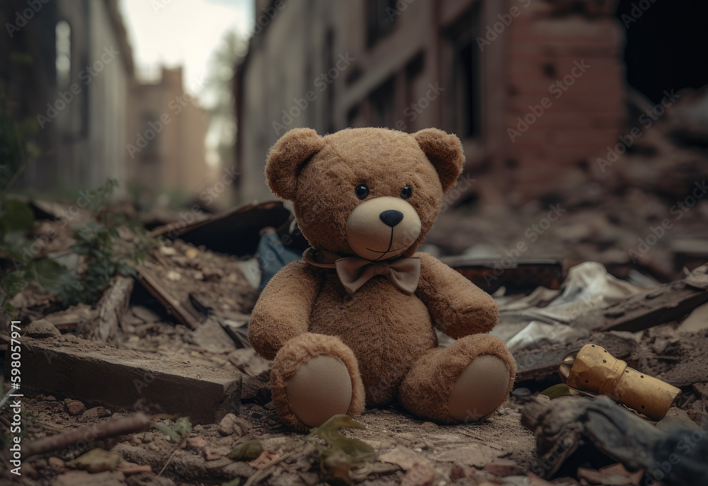 Children's toy teddy bear on the ruins of a house after an earthquake or war, Generative AI Children's toy teddy bear on the ruins of a house after an earthquake or war, Generative AI