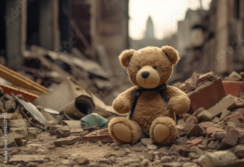 Children's toy teddy bear on the ruins of a house after an earthquake or war, Generative AI
