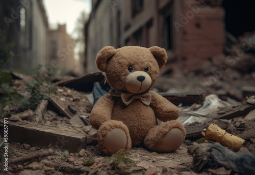 Children's toy teddy bear on the ruins of a house after an earthquake or war, Generative AI