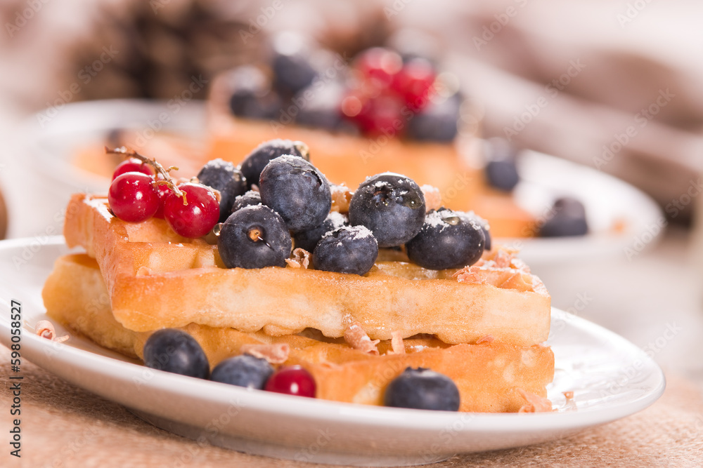 Waffles with red currant and blueberries on white dish. Waffles with red currant and blueberries on white dish.