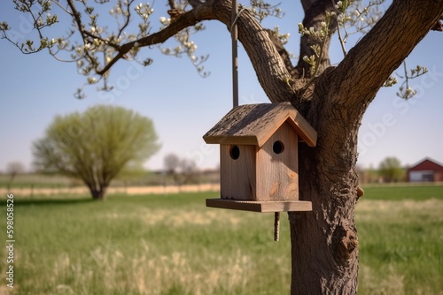 A wooden birdhouse on a tree branch in a field