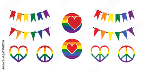 Colorful decorative elements, peace signs, bunting flags, garlands in rainbow colors for design, decor. Set of multi colored rainbow elements. For LGBT, Pride Month. Rainbow colored illustrations.