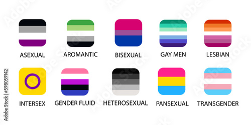 Set of lgbtq community square flags. LGBT Pride Month illustrations, LGBTQ concept. Gender equality and sexual identity, support for homosexuality. Square icons set for International lgbt Pride Day.